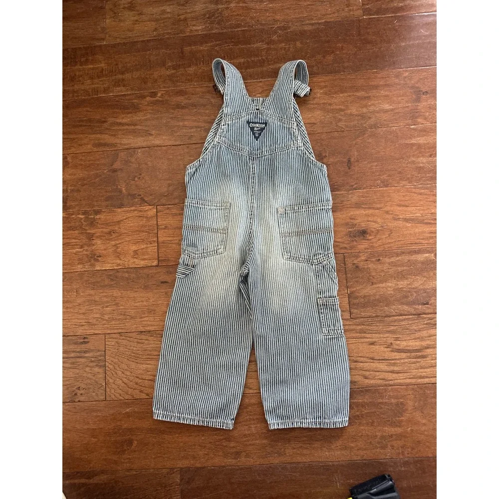 OshKosh Bgosh 2T Hickory Stripe Vestbak Railroad Denim Overalls Blue White Kids